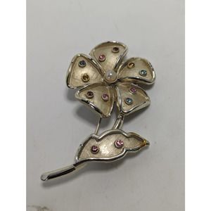 Large Vintage Flower Brooch Faux Pearl Multicolor Rhinestone Florentine Finish